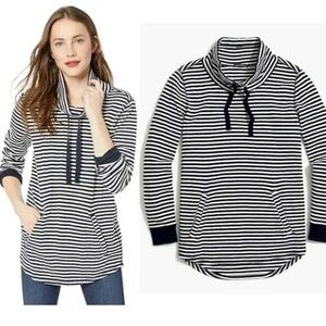 J. Crew Striped Waffle Funnel Neck Sweatshirt Long Sleeve Black White Medium